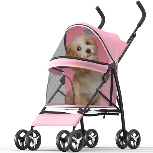 OS MOTOR Pet Stroller with 4 Wheels for Small/Medium Pets, Portable Travel Foldable Carrier Jogger for Dog Cat Puppy Kitty, Rear Wheel Breaks, Storage Basket, Visible Mesh with Weather Cover (Pink)