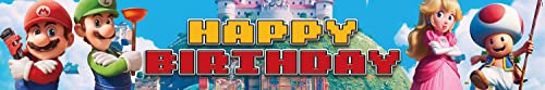 Super Mario Theme Happy Birthday Banner 118 X 20In Indoor Outdoor Decor Adventure Game Mushroom Gold Coins Backdrop For Kids Birthday Party Game Decoration Outdoor & Indoor Hanging Banner Supplies #TOP4