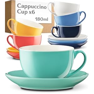 Cosumy 6 Cappuccino Cups & Saucers Colourful – Tea Cups Set of 6 – Coffee Cups Ceramic Set – Cup and Saucer Set – Coffee Cup Set for Home, Office & Café – Tea Cups and Saucers – Flat White Cups –180ml