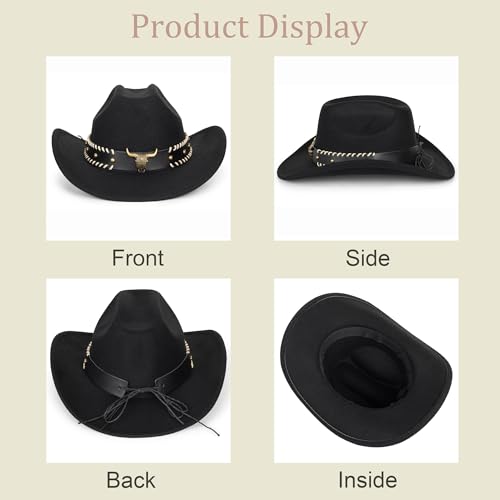 Western-Cowboy-Hats for Women Men - Classic Wide Brim Felt Fedora Unisex Upturn Bull Head Cowgirl Caps with Buckle Belt - Image 4