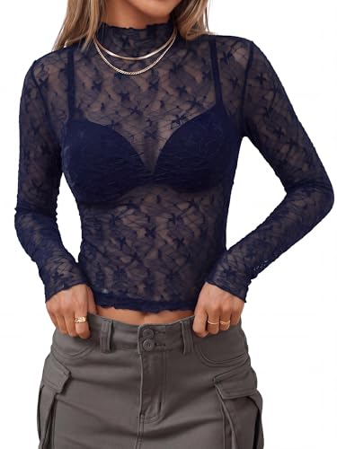 BTFBM Womens Tops Mesh Lace Long Sleeve Tops for Women 2026 Spring Fall Sexy Sheer See Through Tight Party Club Outfits(Navy Blue, XX-Large) — view 5