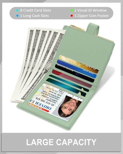 Womens Wallet, RFID Small Slim Wallets for Women, Compact Credit Card Holder, Cute Leather Bifold Ladies Purse with Zipper Coin Pocket and ID Window, Green3