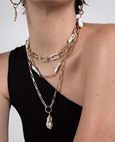 Natural Baroque Pears Pendant Necklace Gold Chain Necklace with Pearl Charm Pearls Satellite Choker Necklace 18K Gold Plated Paperclip Link Chain Necklaces for Women Jewelry4