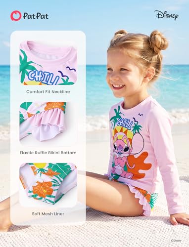 Image of Disney Frozen Elsa Stitch Marvel Toddler Girl Two Piece Long Sleeve UPF50+ Swimsuit Rashguard Sets Bathing Suit