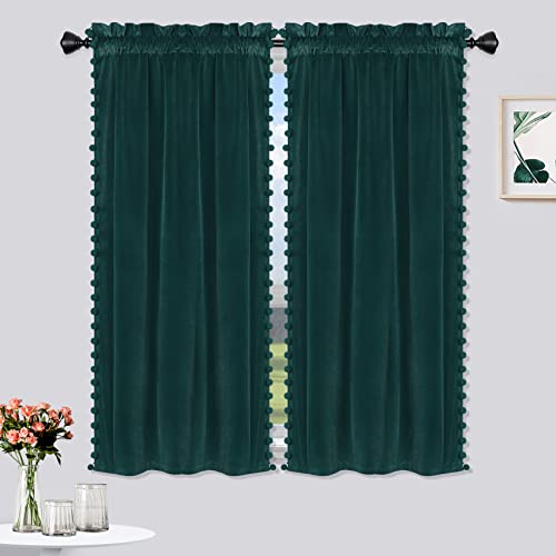 Glowsol Cute Velvet Tier Curtains 45 Inches Long Curtains Pom Pom Curtains For Kitchen Cafe Window Living Room Curtains, Green, 26"×45" #TOP21