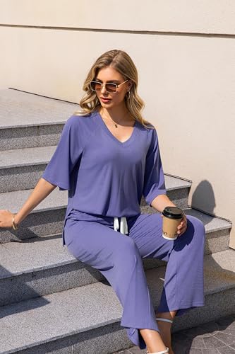 Image of difficort 2 Piece Lounge Sets for Women Summer Outfits Vacation Loungewear | Knit Raglan Short Sleeve Wide Leg pant with Pockets