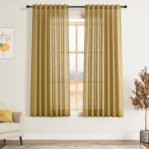 Image of Gold Linen Curtains 63 Inches Long 2 Panel Sets for Living Room Bedroom Rod Pocket Back Tab Light Filtering Drape for Kitchen Window Short Protect Privacy Curtain Modern Farmhouse Decor 52x63