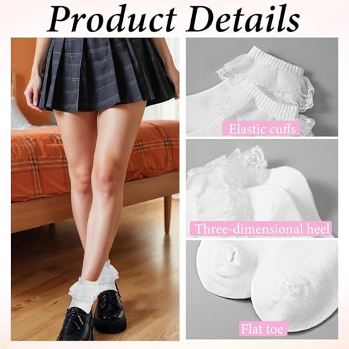Girls White Ruffle Lace Frilly Socks, Dress Cotton School Uniform Crew Socks Ankle Socks with Faux Pearl for Toddler Little4