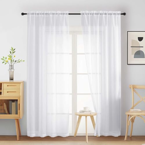 Ebesto Sheer White Curtains 84 Inches Long 2 Panels, Elegant Airy Transparent Light Filtering Window Curtains, Window Drapes for Living Room Bedroom, Top Dual Rod Pocket Design, 2x42Wx84L Inches