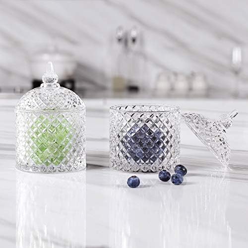 ComSaf Glass Candy Sweet Jars with Lid Set of 2, Crystal Bon Bon Jar Covered Sugar Bowl Small Decorative Cookie Dish Buffet Storage Container Clear for Party Wedding Christmas Gift (Diameter: 9.5CM)