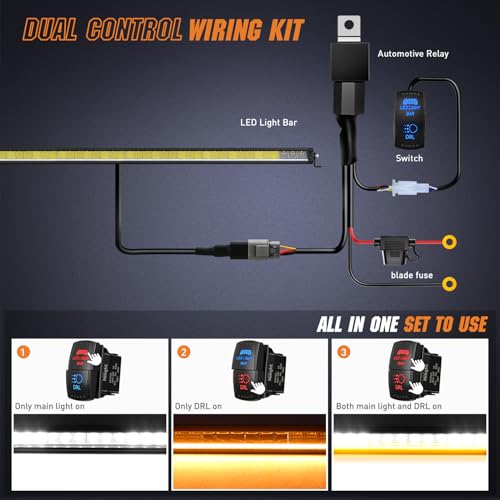 Image of Nilight LED Light Bar with Amber DRL 50.5 Inch 210 W Single Row Light | Anti-Glare Flood Spot Combo Slim Offroad Lights IP68 w / 12 AWG DT Wiring Kit for Pickup Truck SUV ATV UTV Boat 4x4
