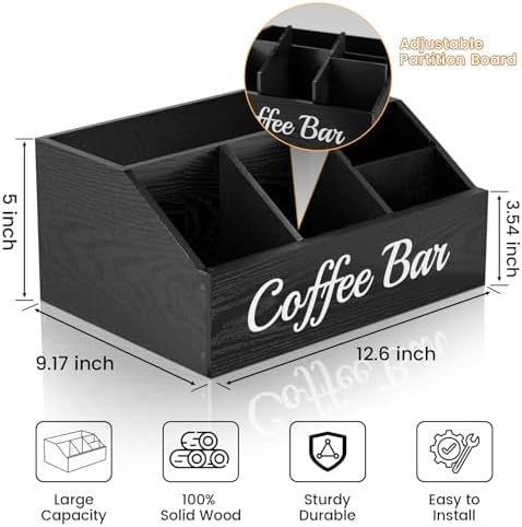 WooOrganix Coffee Station Organizer for Countertop – Wooden Coffee Bar Organizer with Adjustable Dividers,Holds K Cup Pod & syrup bottles, for Kitchen, Office, or Bar and Tea Station, Black - 3