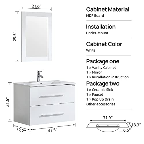 Walsport Bathroom Vanity And Sink Combo 32'' Wall Mounted Cabinet Basin Vessel Sink Faucet Combo Set, White Two Drawers Modern #TOP2