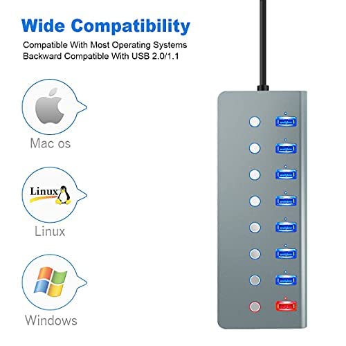 Powered Usb Hub,Lobkin 7-Port Usb Hub 3.0 Powered | 1 Smart Charging Port | Multi Usb Port Expander With Individual On/Off Switches And 5V/3A Power Adapter For Laptop,Pc,Mac,Macbook Pro,Ps4,Tv #TOP1