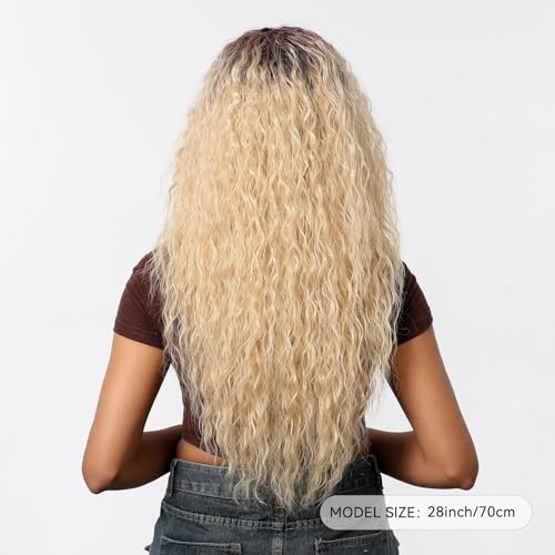 Peruki do włosów Syntetyczna peruka z koronką 13 * 1 Blond kręcone peruki ciemnymi korzeniami Długie, głębokie fale Naturalne włosy
