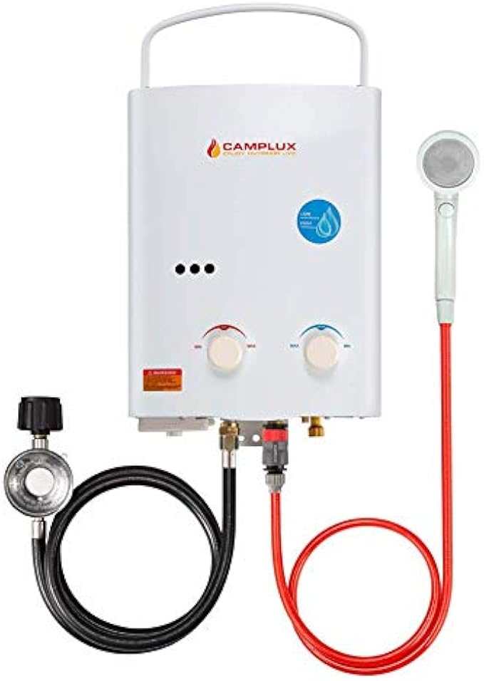 Camplux 5L Outdoor Portable Water Heater, 1.32 GPM Tankless Propane Gas Water Heater for RV, Camping, Barns, White