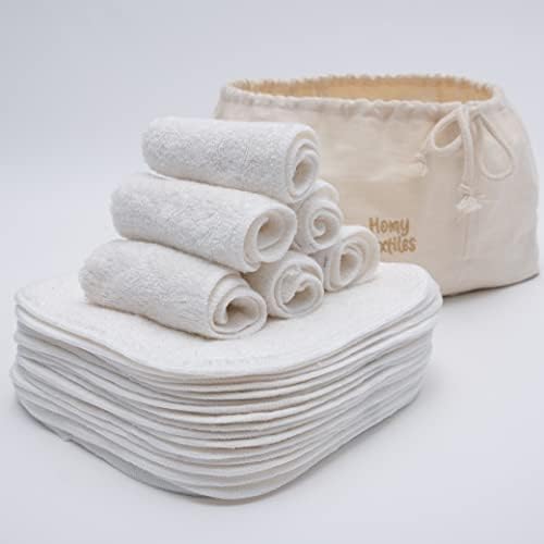 Homy Textiles Pack of 25 Bamboo Reusable Wash Cloth & Baby Wipes - 20 cm x 20 cm Soft Flannel Face Cloth with a Decorative Stylish 100% Cotton Bag - Newborn Essentials
