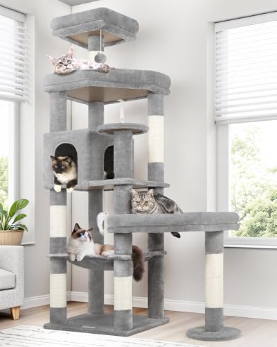 Image of Globlazer Extra Large Platform Cat Tree, 65in Sturdy Cat Tree for Indoor Cats Large Adult, Big Cat Tower for Big Cats with 3 Enlarged Perches, 6 Scratching Posts, Cat Condo, Hammock, S65, Light Grey