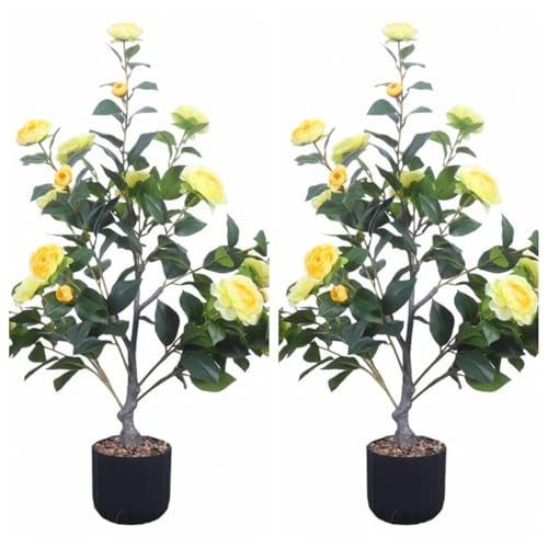 Garveehome 2Pcs 3ft Artificial Camellia Tree, Faux Camellia Plant in Pot with Realistic Flowers Decorative Floor Plant for Indoor Outdoor Home Office Living Room Decor Housewarming Gift