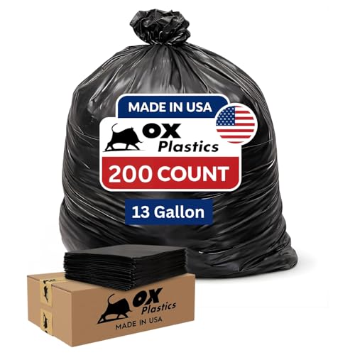 OX Plastics Black Trash Bags, Heavy Duty Garbage Bags, 13 Gallon, 200 Count