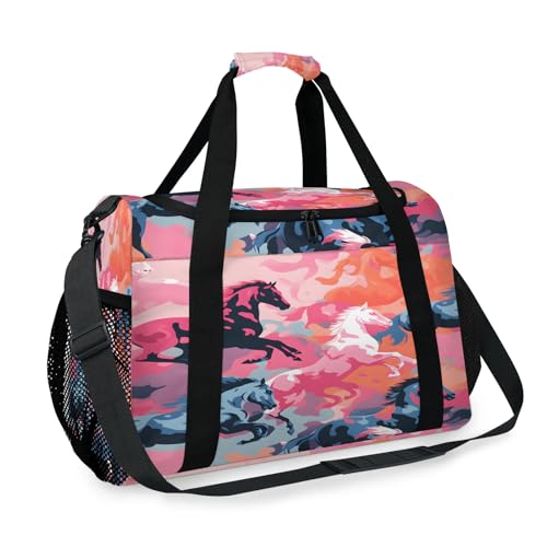 Colourful Abstract Floral Horses Travel Duffle Bag - Waterproof weekend luggage bag, men's sports and fitness bag, delivery hospital storage bag, overnight luggage bag with pull rod cover