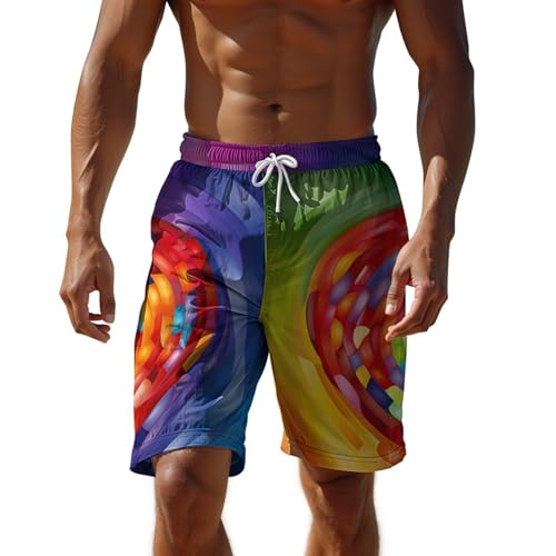 Men Gay Pride Month Swim Trunks Drawstring Elastic Waist Quick Dry LGBT Rainbow Printed Beach Shorts