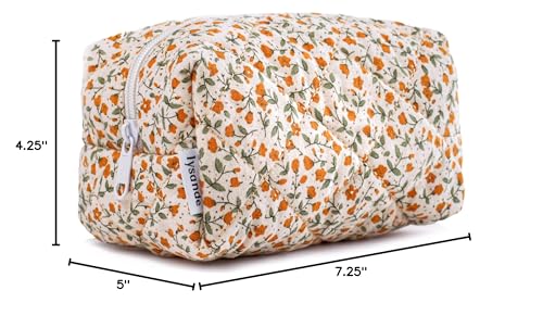 LYSANDE Puffy Quilted Makeup Bag, Toiletry Tote, Cosmetics Pouch, Quilted Floral Tote, Cosmetic Bag with Orange Flowers2