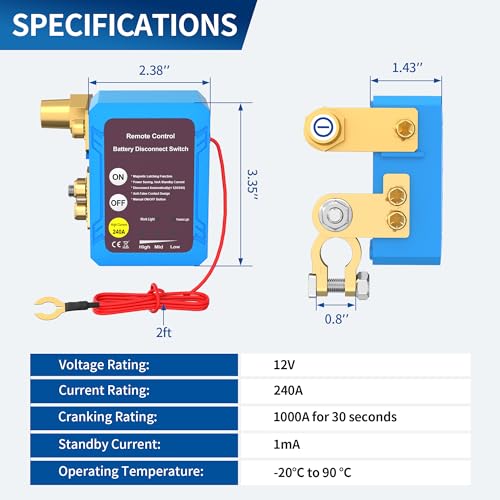 RVBOATPAT Remote Battery Disconnect Switch 12V 240A Kill Switch Automatic Power Shut Off Switch for Car, Auto, ATV, Truck (Side Installation)