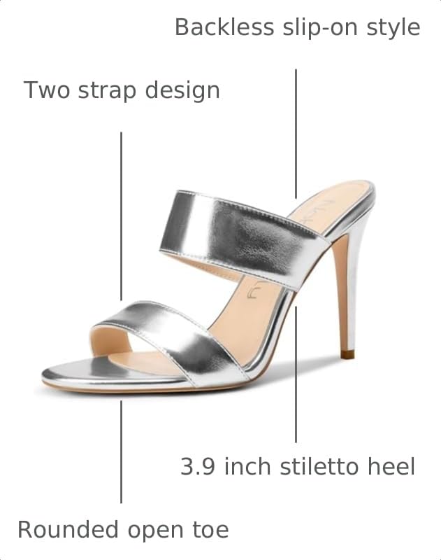 Image of NobleOnly Womens Round Open Toe Heeled Sandals Two Strap Stiletto High Heel Sandals Backless Dress Slip-on Mules Sandals 3.9 Inches Heels