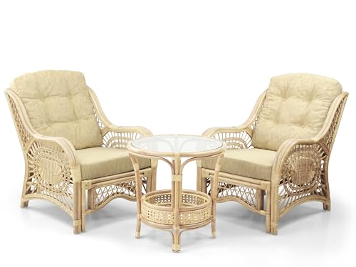 Malibu Lounge Set of 4: 2 Natural Rattan Wicker Chairs, Loveseat with Cream Cushions and Coffee Table w/Glass Handmade, Natural Color - Thumbnail 7