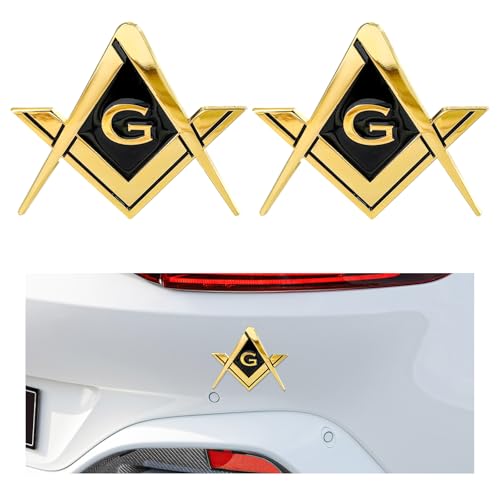 Image of DXNQ 2 PCS Masonic Car Emblem, 2.6 inch Chrome Plated Masonic Emblem Auto Stickers for Freemasons, Metal Mason Square and Compasses Car Decals for Most Vehicles, Car Accessories (Golden&Black)
