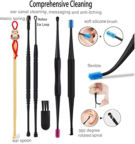 23Pcs Q-Grips Spiral Ear Wax Removal Tool Kit Screw Earwax Remover, Ear Syringe, Silicone Ear Cleaner Loop Stick,Wood Bamboon Ear Pick, Ear Wax Irrigation Cleaning Earwax Kit Replacement Tip Heads #TOP5