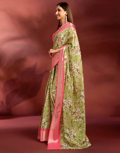 Image of SIRIL Women's Dola Silk Printed Jacquard Border Ready To Wear Saree with Unstitched Blouse Piece