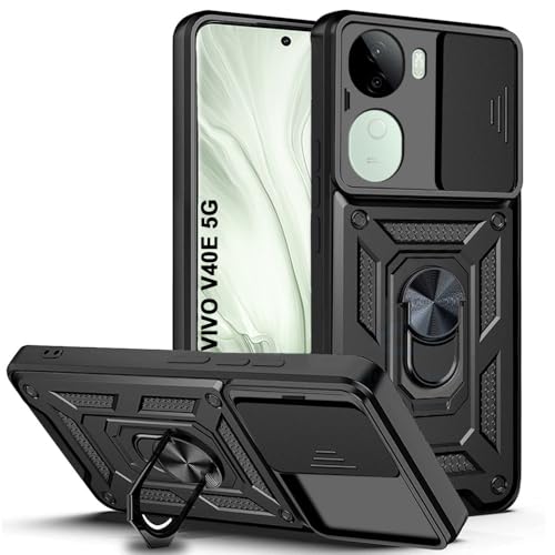 Image of AESTMO Tough Armor Vivo V40E 5G / iQOO Z9S 5G Bumper Back Case Cover | Ring Holder & Sliding Camera Shield Cover | 360 Degree Protection Back Case Cover for Vivo V40E 5G / iQOO Z9S 5G (Black)