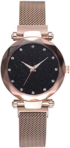 Damenuhr Quarz-Armbanduhr mit rundem Zifferblatt eingelegte Strass-Steine Sternenhimmel-Uhr mit magnetischer Schnalle für Elegante Frauen, Gold