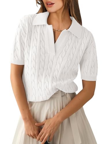 Anrabess Women'S Short Sleeve Sweaters Tops Polo V Neck Cable Knit Casual Soft Pullover Shirts 2026 Summer Outfits Cream X-Large