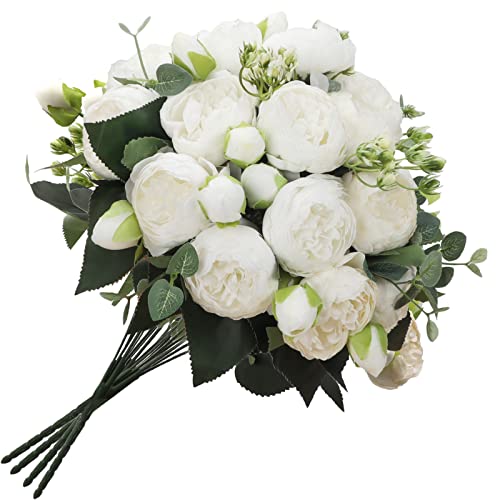 Crugla 4 Bundles White Peonies Artificial Flowers Bulk 20 Peony Heads, Small Ivory Faux Fake Silk Peony Flower Wedding Bouquets For Bride Mother's Mum Gift Home Decoration With Stems #TOP10