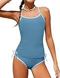HOTOME Bathing Suits for Girls 10-12 Two-Piece Tankinis Cross-Back Straps Girls Swimsuits Size 10-12 Side Drawstring Tween Bathing Suits Solid with Removable Chest Pad Fabric Blue
