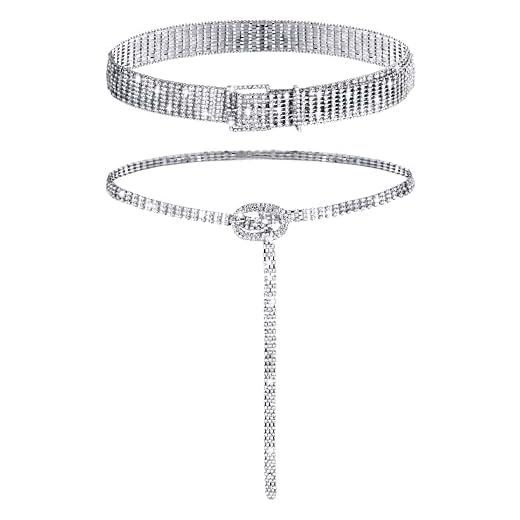 Geyoga 2 Pieces Women Rhinestone Belt for Dress Crystal Diamond Waist Belt Shiny Rhinestone Wide Waist Belt Ladies Belt (Silver,Medium, Fit Waist Size 27-34 Inch)