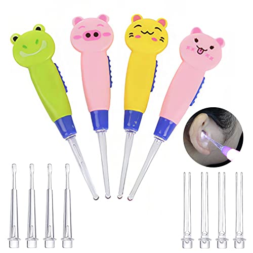 Cuillère de Nettoyant Oreille Lumineux, Outil de Nettoyage D'oreilles, Dessin Animé Cuillère Nettoyant Oreille, Ear Curette LED pour Nettoyer les Oreilles, Nettoyeur Oreille pour Enfant Adulte, 4PCS
