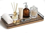 Bathroom Vanity Tray for Countertop, 12' x 6' Acacia Wood Toilet Tank Tray with Metal Guardrail, Bathroom Organizer for Soap, Perfume & Skincare, Non-Slip Decorative Tray for Dresser, Black & Acacia