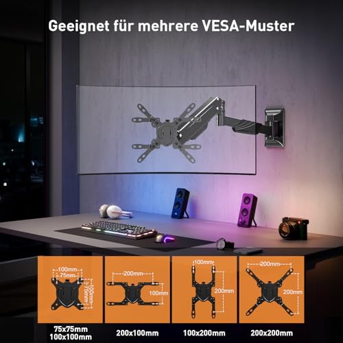 ELIVED Monitor Wandhalterung für Max. 43 Zoll Ultrawide Bildschirme bis zu 15kg, VESA 75/100/200mm, Heavy Duty Monitor Halterung Wand, Höhenverstellbar Gasdruckfeder Monitor arm EV3421B