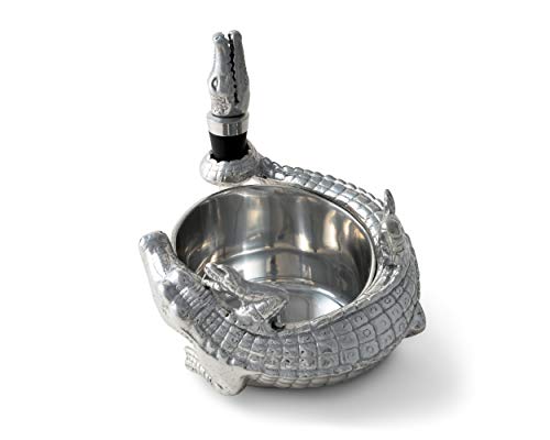 Arthur Court Designs Aluminum Alligator Wine Coaster / Holder And Bottle Stopper Set Gator Florida Décor 4 Inch Diameter 3.5 Inch Tall #TOP6