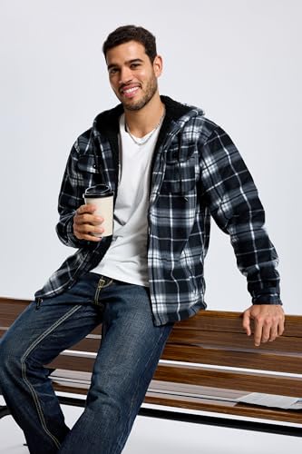 Image of TanBridge Men's Cotton Plaid Shirts Jacket Full Zip Fleece Flannel Sherpa Lined Hoodies Heavyweight Hoodies Jacket for Men