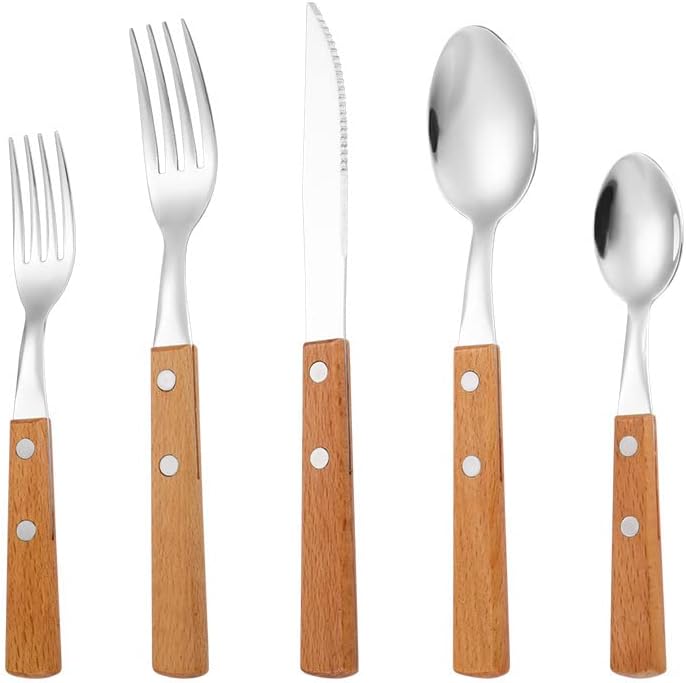 Silverware Flatware Set, 5/20/30/40/50/60 Pieces 304 Stainless Steel Knives, Forks And Spoons With Solid Wood Handles For Household Steak Knives, Dessert Forks, Tea Spoons And Tableware Set