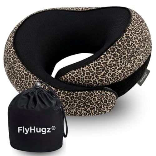 Image of FlyHugz Neck Travel Pillow Memory Foam Neck Pillow for Comfort on Airplane Compact and Ergonomic Design for Travel, Car Rides, and Home Use Ideal for Adults and Kids. (Leopard Print)