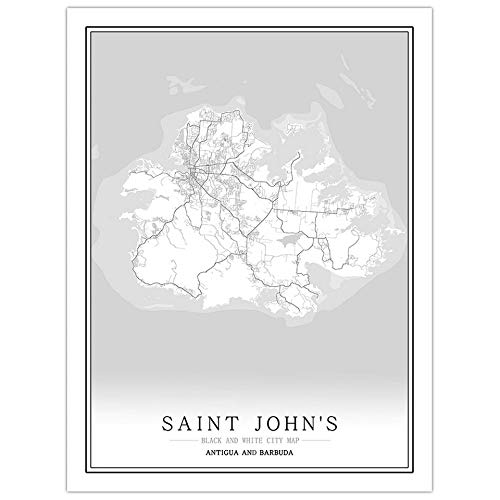 SONG Impresión De Lienzo, Saint John's Antigua Y Barbuda Mapa De La Ciudad Pintura Negro Blanco Simple Arte Minimalista Mural Póster Sin Marco Imagen, Pintura Vertical Moderna Cafetería O,20 * 30cm