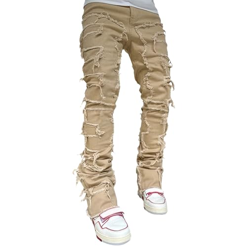 Vaqueros Slim Fit Stretch Layered para Hombre Vaquero Pitillo Rectos Pantalones Vaqueros Hip Hop Desgastados (Caqui,XL)