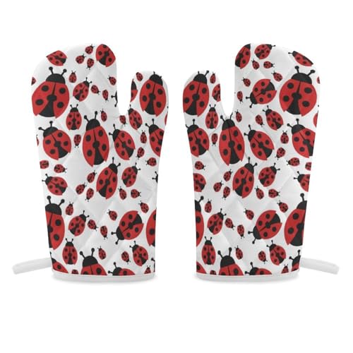 オーブンミット 漫画 赤 てんとう虫 鍋つかみ オーブン手袋 耐熱ミトン オーブングローブ 断熱 使い勝手 耐久性 着脱簡単 防水 厚手 吊り下げループ付き シェフ用 キッチン用品 男女兼用 2枚セット