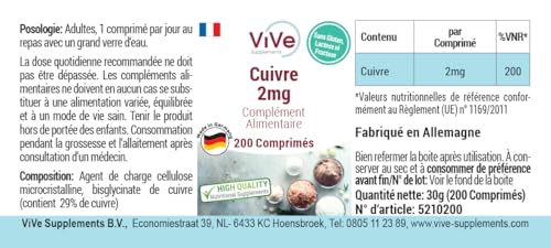 Cuivre 2mg - 200 comprimés - Bisglycinate de cuivre - Dosage élevé - Biodisponible - Qualité allemande - ViVe Supplements – vue 4